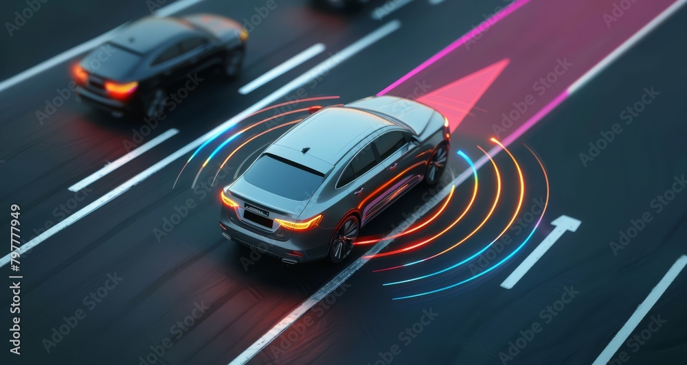 A silver car driving on the road, with an arrow pointing to it and colorful safety system lights in front of another vehicle ahead. The background is dark blue, generated with AI