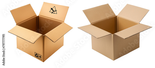 Set of moving storage brown open cardboard packaging box isolated on white