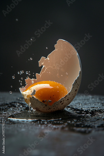A broken egg with a shell on a dark stone background