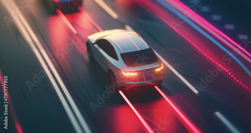 A silver car driving on the road  with an arrow pointing to it and colorful safety system lights in front of another vehicle ahead. The background is dark blue  generated with AI