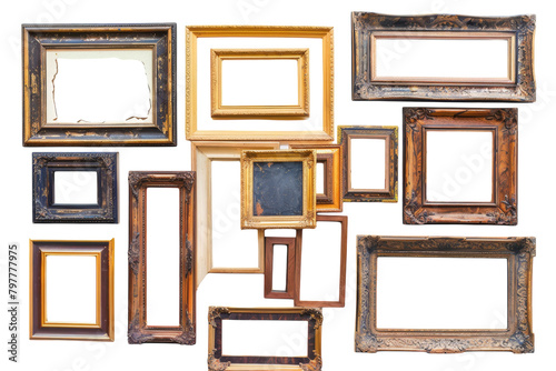Various frames of different shapes, sizes, and designs hanging on a wall