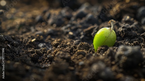 A single green seed lying on dark, rich earth. Photographed with a Sony a7R3 and at 200mm f/1.4. Photo-realistic, generated with AI