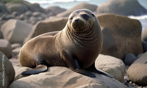 A brown fur seal resting on rocky terrain with a blurred background