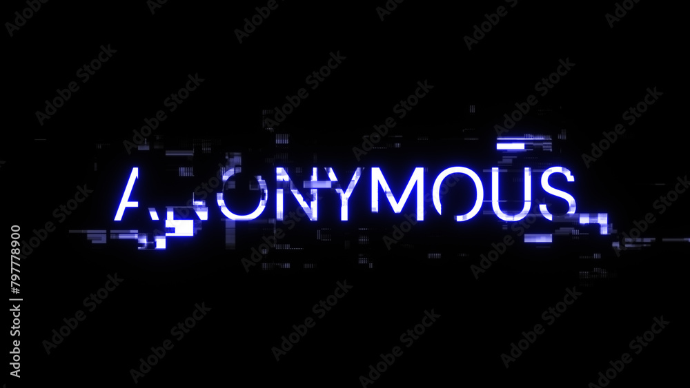 3D rendering anonymous text with screen effects of technological glitches