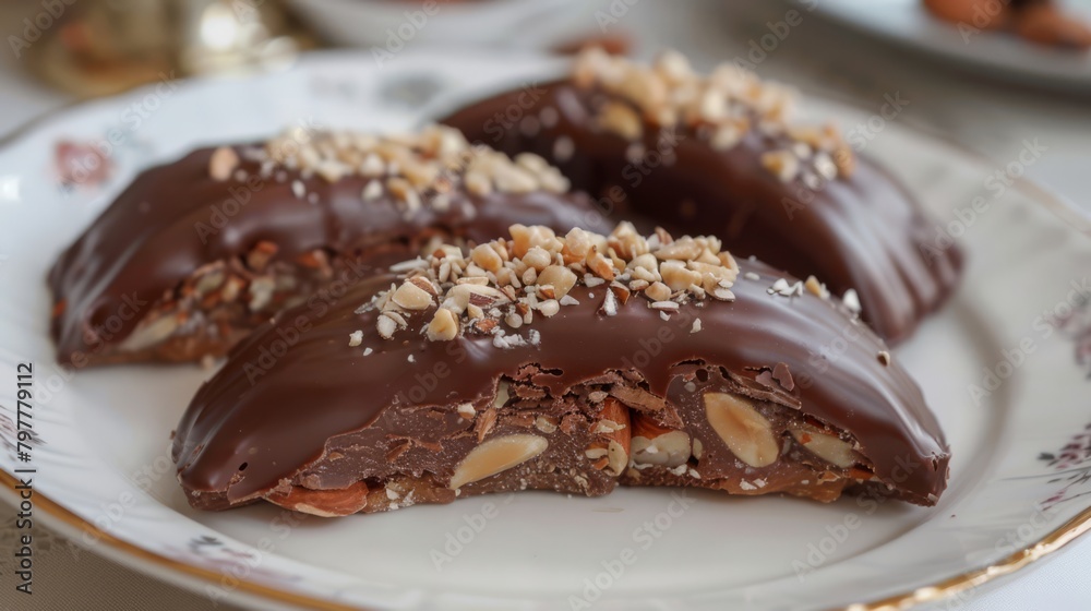 Almond, chocolate flows, Encrusted crescent of joy, Gastronomic bliss, generated with AI Almond, chocolate flows, Encrusted crescent of joy, Gastronomic bliss, generated with AI