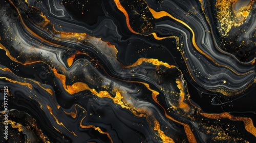 Black and golden marble texture. Abstract fluid art painting background.