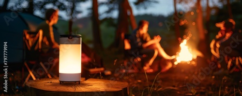 An anti-mosquito lamp on a camping table, three people sitting in front of a campfire in the distance, talking, tents, night, generated with AI © sch_ai
