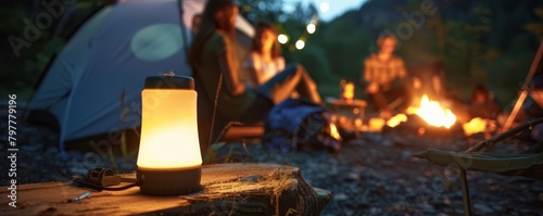 An anti-mosquito lamp on a camping table, three people sitting in front of a campfire in the distance, talking, tents, night, generated with AI