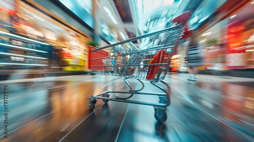 An evocative image of a shopping trolley in motion, navigating through a busy mall environment with blurred background, generated with AI