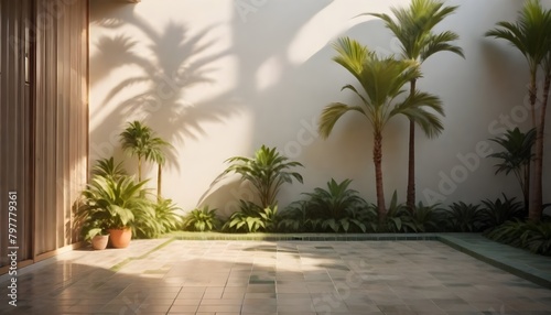 A tropical outdoor patio with palm trees, lush greenery, and a tiled floor. The scene is bathed in warm, golden sunlight filtering through the foliage © bahija