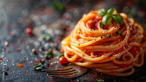 Appetizing spaghetti rolled on fork with typical Italian sauce. pizza, generated with AI