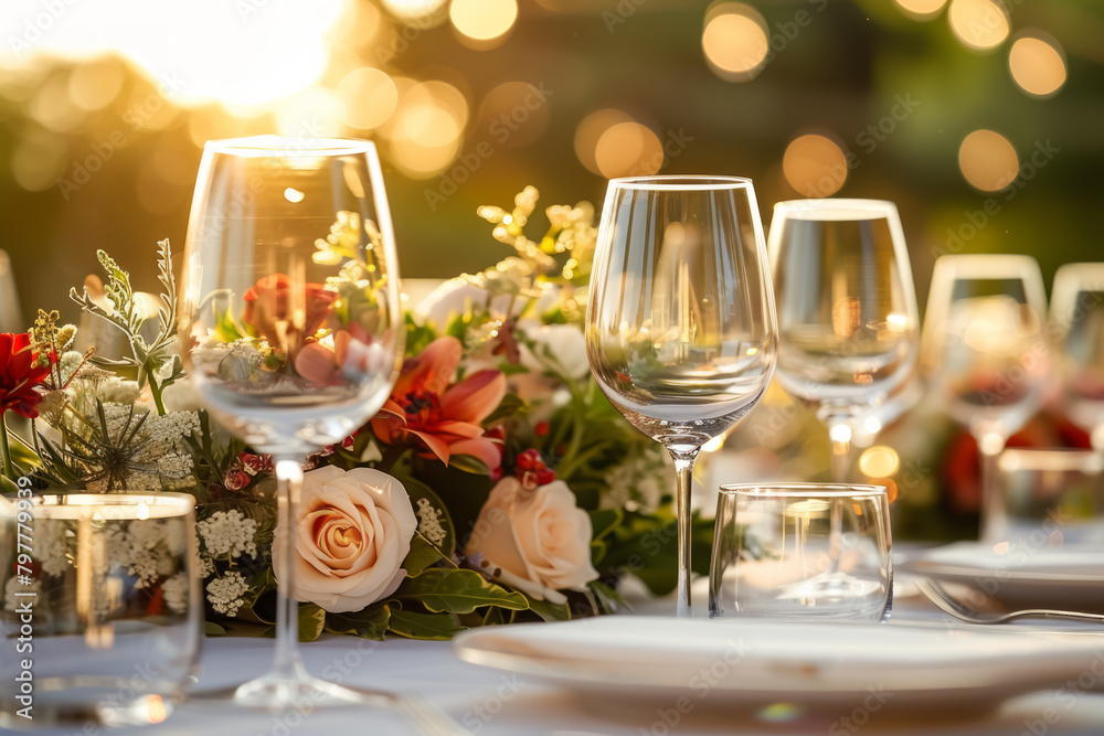 Elegantly set table for an event, with fine glassware and floral arrangements in warm evening light. Elegantly set table for an event, with fine glassware and floral arrangements in warm evening light.
