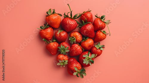 Strawberries arranged in a heart shape on a peach fuzz background. Copy space for text. Closeup. Food photography concept.