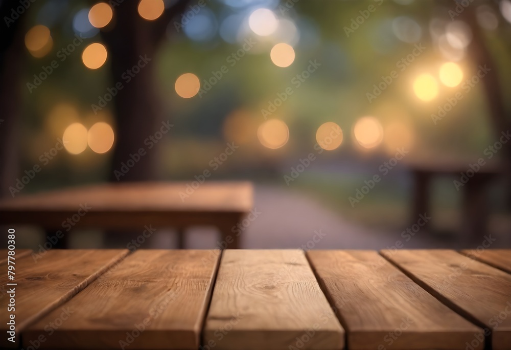 Wooden table in front of blurred nature background with bokeh lights