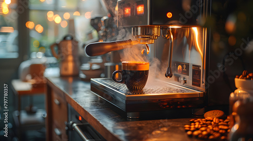 The espresso machine takes center stage, Resting atop it is a black ceramic mug. enveloping the mug in a cloud of warmth.