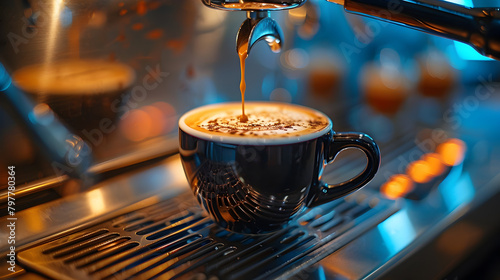 The café prepares a latte by pouring steamed milk into a black mug on the espresso machine. creating beautiful latte art on the surface of the coffee and milk in the mug.