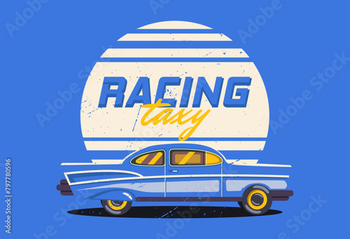 retro car poster. Vacation car ride in summer on the beach