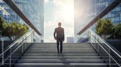 young businessman walking up the stairs in front of a modern office building. back view photo