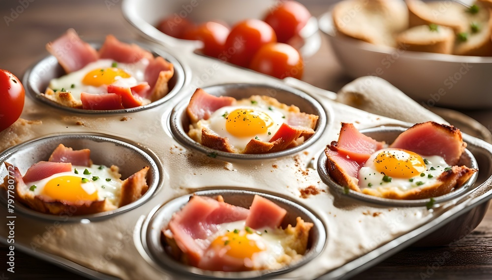 Baked eggs with ham and tomato in muffin tin
Baked eggs with ham and tomato in muffin tin
