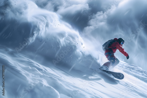 A lone snowboarder carves through fresh powder on a majestic snowy mountain. With each turn, the snowboarder sends up clouds of pristine snow photo