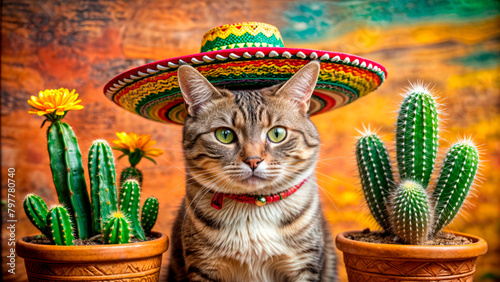 Cat in sombrero on the background of cacti