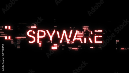 3D rendering spyware text with screen effects of technological glitches