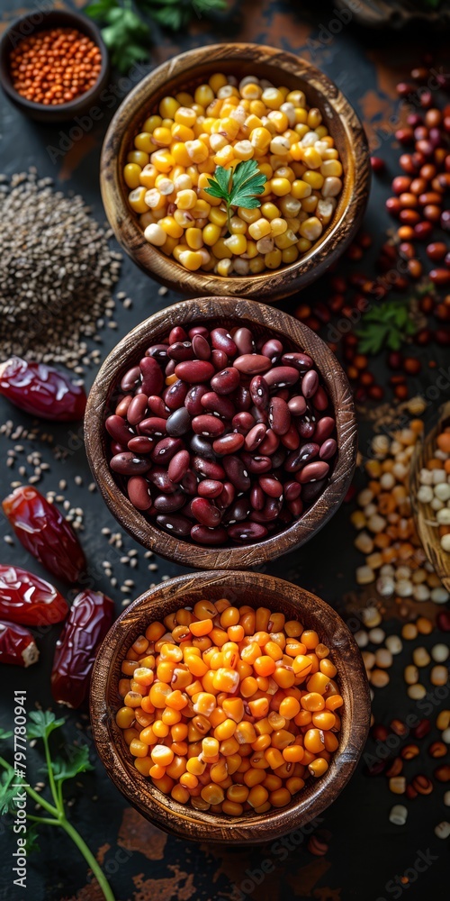 Corn, red beans, mung beans, and millet are evenly spread on the table, with a few red dates around, generated with AI