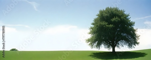 A green grassy hill with a tree in the foreground against a clear blue sky