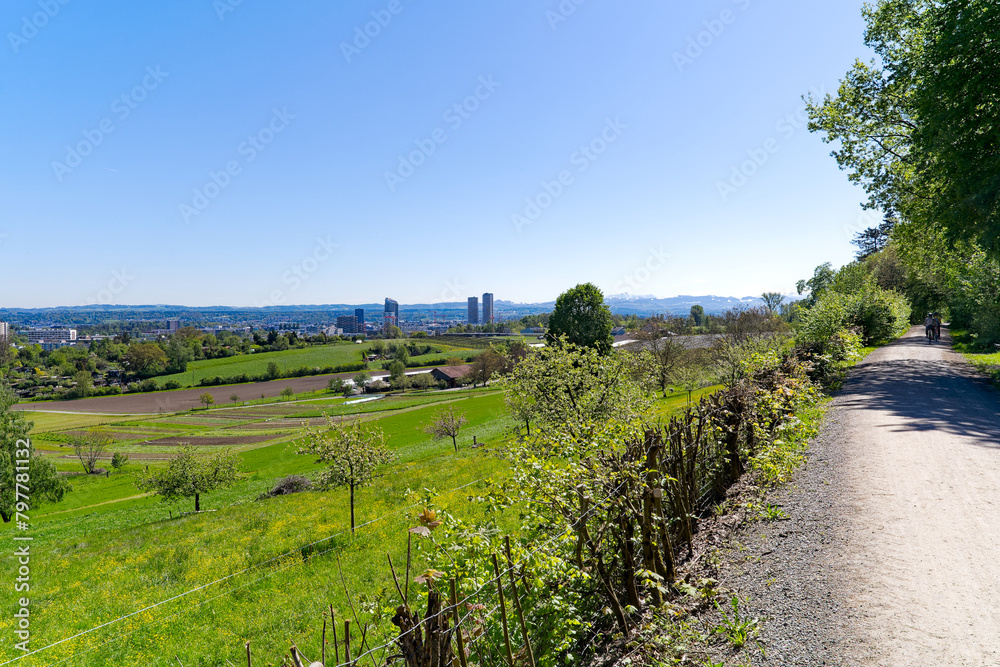 Scenic view of landscape with Glatt Valley and mountain panorama in the background at Swiss City of Zürich on a sunny spring day. Photo taken April 27th, 2024, Zurich, Switzerland.