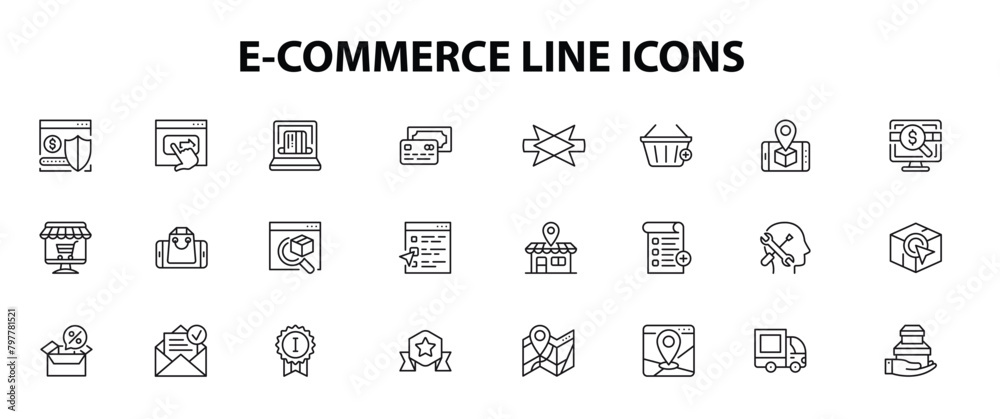 E-Commerce - Thin line vector icon set. Pixel perfect. Editable stroke. For Mobile and Web. The set contains icons: E-commerce, Online Shopping, Shopping, Delivering, Free Shipping, Store, Internet, 