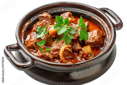 A bowl filled with savory stew, hearty chunks of meat, and colorful vegetables