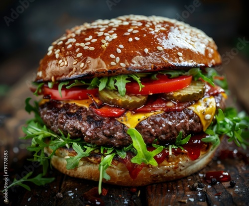 Food photography of double cheeseburger with lettuce, tomato and pickles on top of the patty, special sauce drizzled over it, on wood table, dark grey background, shot from front, generated with AI © sch_ai