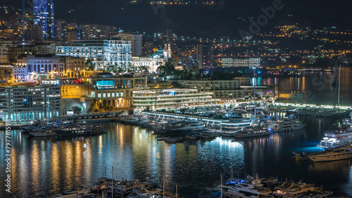 Panorama of Monte Carlo timelapse at night from the observation deck in the village of Monaco with Port Hercules. photo