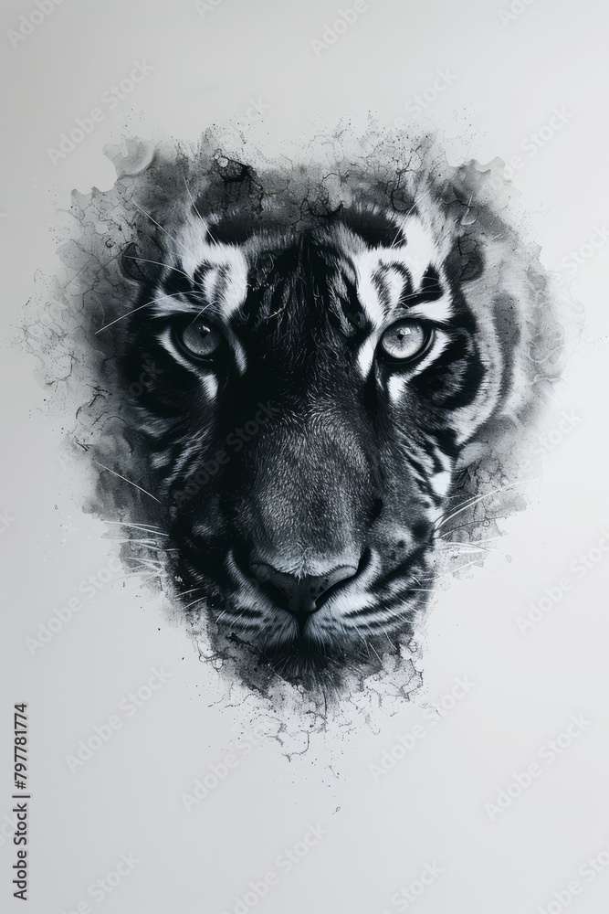 Full body shot, ink painting, angry tiger walking down, generated with AI Full body shot, ink painting, angry tiger walking down, generated with AI