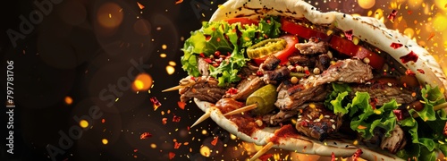 Fresh grilled beef turkish or chicken arabic shawarma doner sandwich with flying ingredients and spices hot ready to serve and eat food commercial advertisement menu banner, generated with AI photo