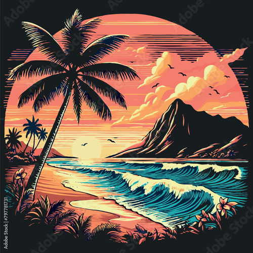 T shirt design with palm tree, mountain & sea , vector art, vibrant color. 