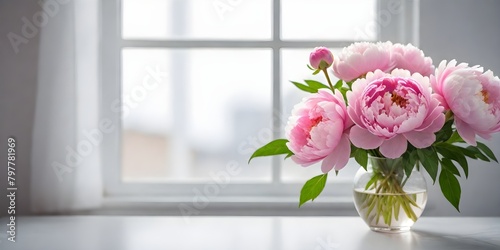 A bouquet of pink peonies in a vase on a windowsill with a blurred background © bahija