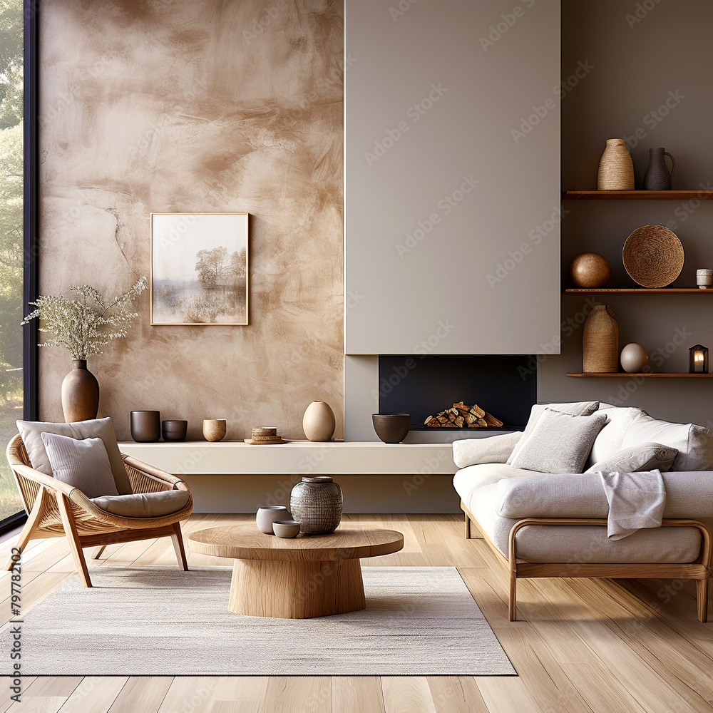 Naklejka premium Sofa and chair near fireplace. Loft interior design of modern living room, home.