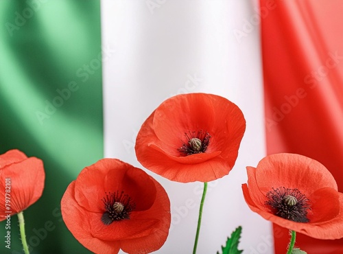 Red poppy flowers on background with Italy flag. Liberation day holiday. Festa della liberaz