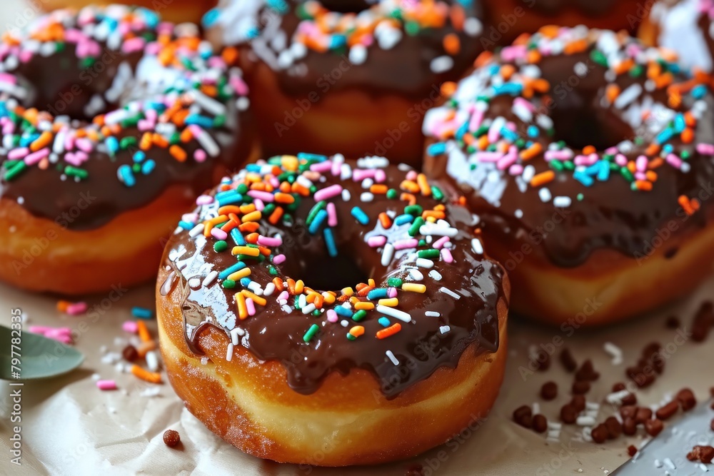 Delicious donuts with chocolate glaze and sprinkles, closeup. Donuts on a Background with Copy Space. 