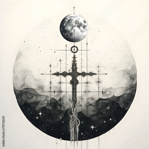 moon phases and a cross in the background, in the style of layers and lines, wizardcore, detailed ink drawings, golden ratio, detailed skies, black and white ink, marbleized