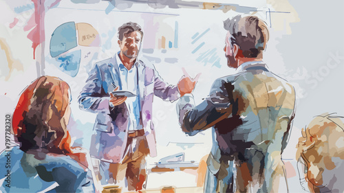 Business Coaching Pitch Meeting Start-Up Firma Auswertung Besprechung Menschen Präsentation Whiteboard Watercolor photo