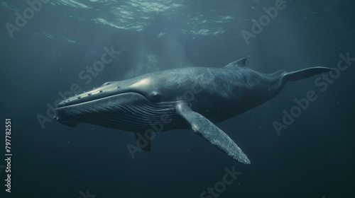 A majestic whale swimming gracefully underwater in the deep blue ocean, showcasing its sleek form and natural beauty. © Jan