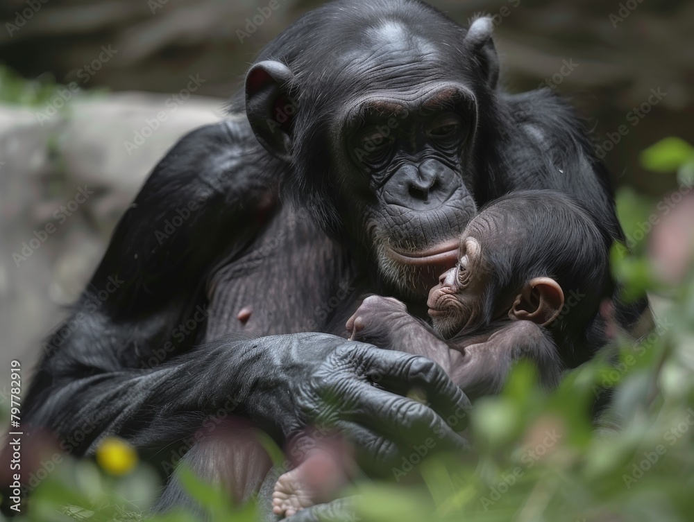 Adult chimpanzee with its baby in a lush jungle setting.