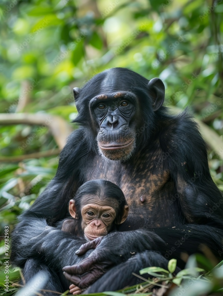 Adult chimpanzee with its baby in a lush jungle setting.