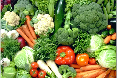 Lots of vegetables on a table, top view, background, generated with AI © sch_ai