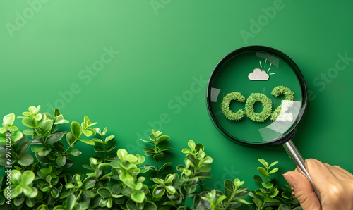 Magnifier glass with CO2 reduction on green background for decrease CO2 , carbon footprint and carbon credit to limit global warming from climate change in Kyoto Protocol 2050 concept. photo