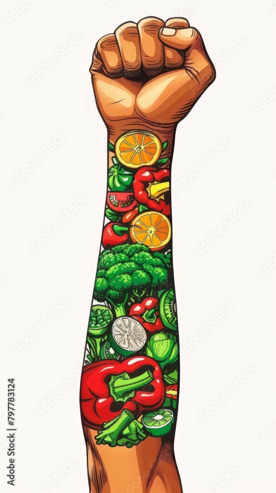 Forearm tattooed with colourful vegetables and fruits, generated with AI