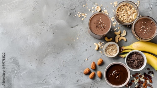 Homemade chocolate banana nut smoothies with ingredients for making over light grey slate, stone or concrete background.Top view with copy space