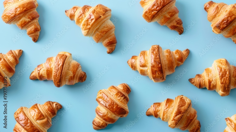 Photo realistic pattern made of Croissants on blue background, soft light, generated with AI Photo realistic pattern made of Croissants on blue background, soft light, generated with AI